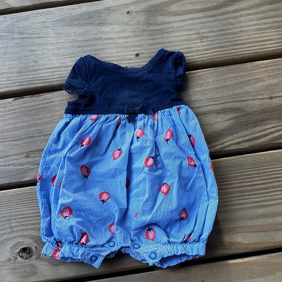 Navy and Blue Romper with Strawberry Print - Picture 1 of 6
